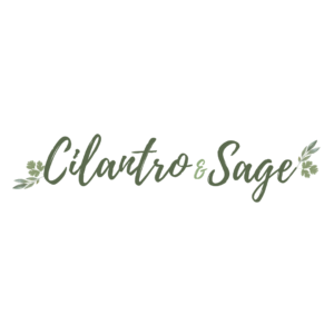 Cilantro & Sage logo, vibrant and inviting, featuring fresh herbs and culinary imagery, representing the brand's focus on healthful cooking and gardening.